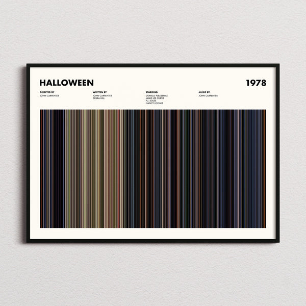 Halloween Movie Barcode Poster framed and photographed straight on
