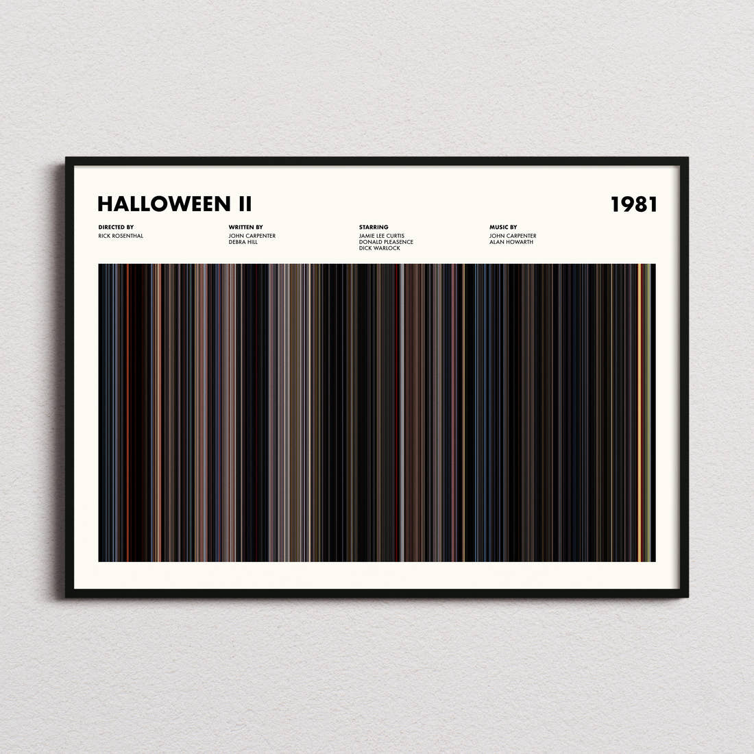 Halloween II Movie Barcode Poster framed and photographed straight on
