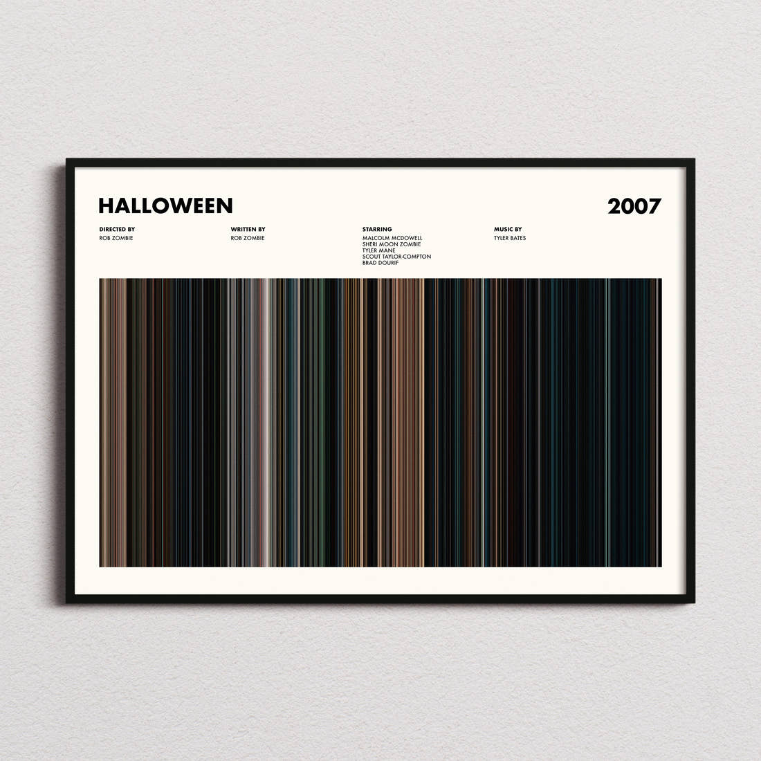 Halloween (2007) Movie Barcode Poster framed and photographed straight on