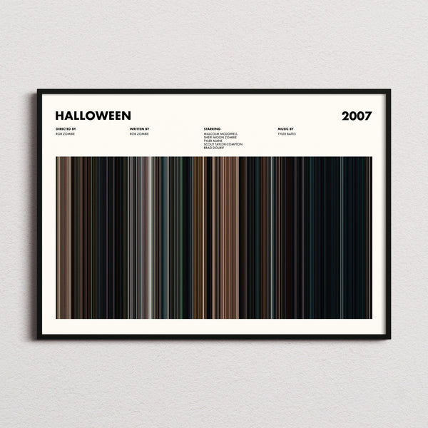 Halloween (2007) Movie Barcode Poster framed and photographed straight on