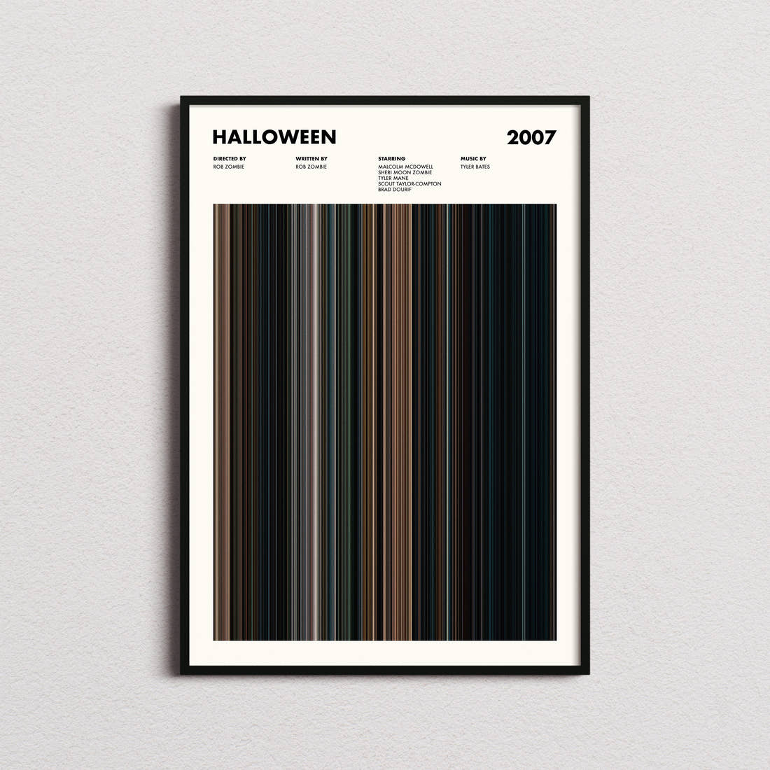 Halloween (2007) Movie Barcode Poster framed on a plain studio wall