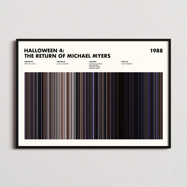 Halloween 4 Movie Barcode Poster framed and photographed straight on