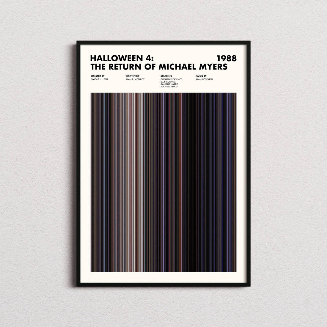 Halloween 4 Movie Barcode Poster framed on a plain studio wall