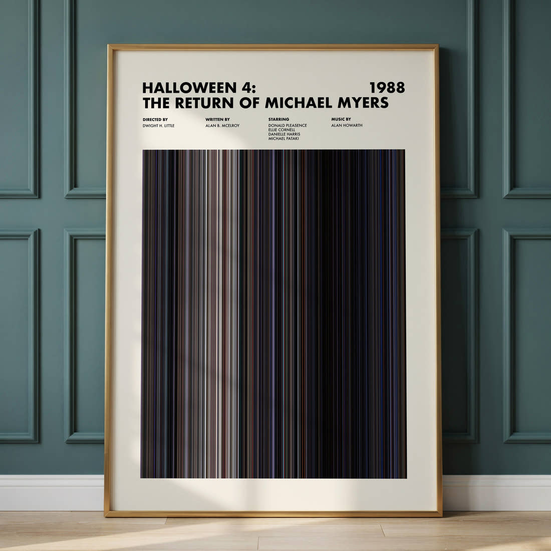 Halloween 4 Movie Barcode Poster framed and leaning against a panelled wall