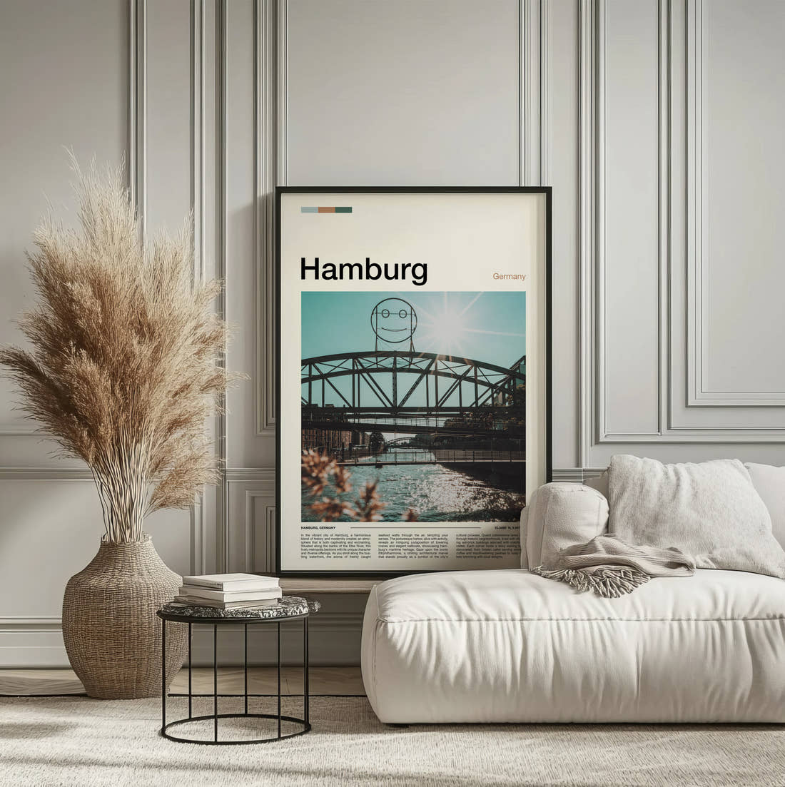 Hamburg Bridge With Smiley Face Travel Print framed on the wall of a calm, neutral bedroom