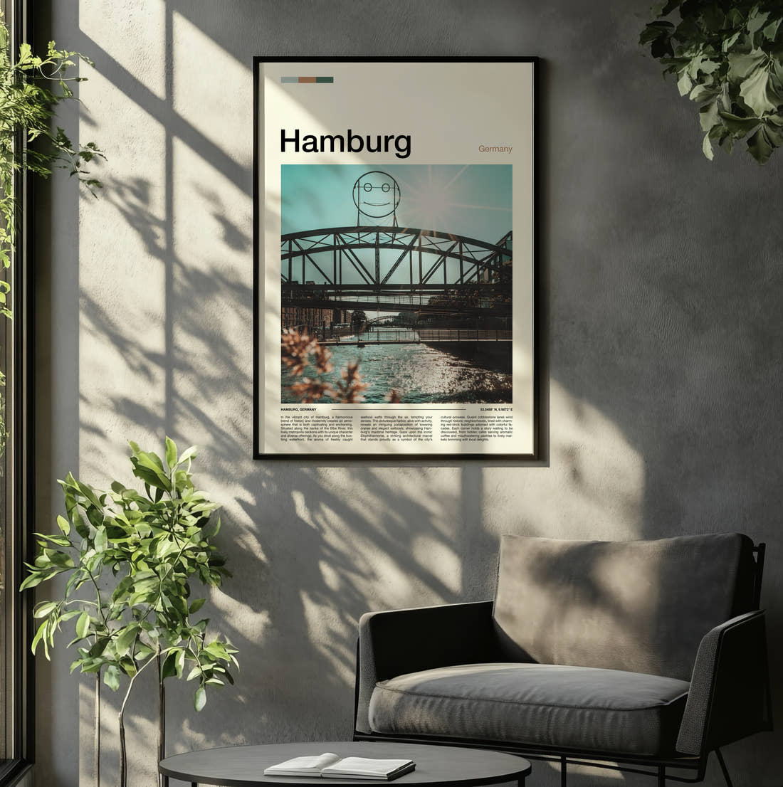 Hamburg Bridge With Smiley Face Travel Print framed on the wall of a relaxed living room