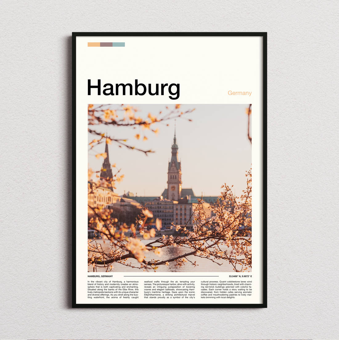 Hamburg Blossom And Church Spires Travel Print framed and photographed straight on