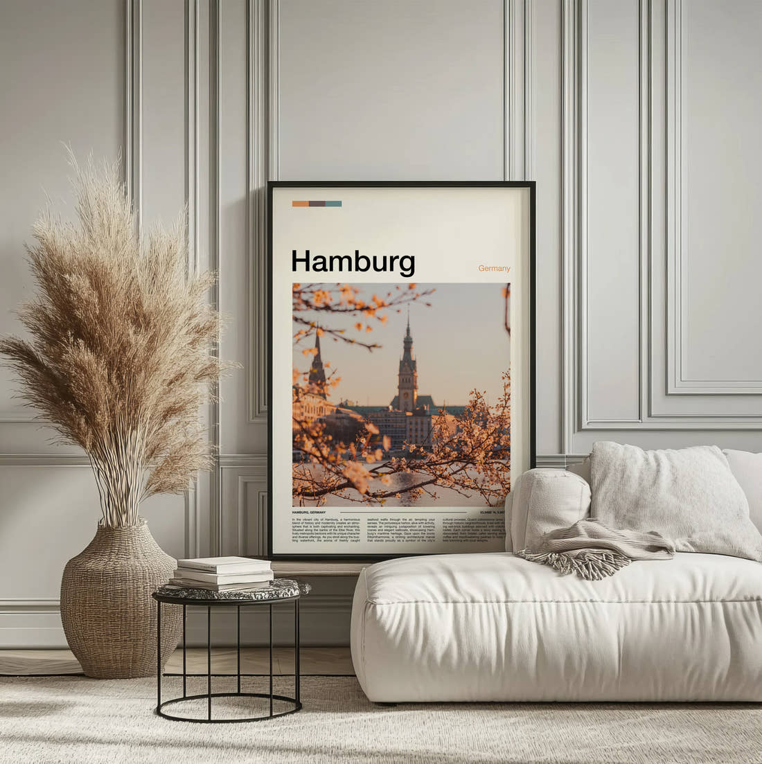 Hamburg Blossom And Church Spires Travel Print framed on the wall of a calm, neutral bedroom