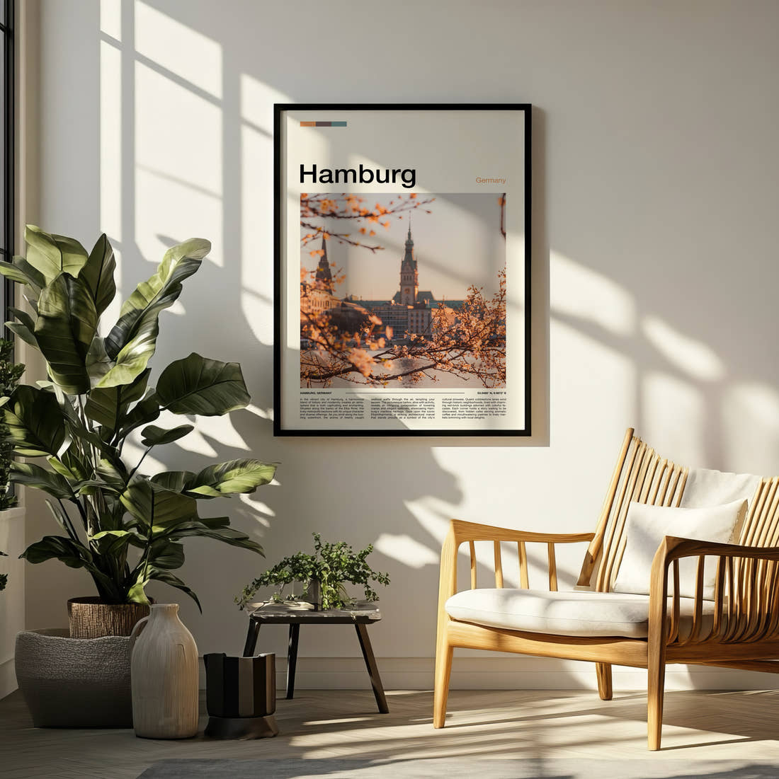 Hamburg Blossom And Church Spires Travel Print framed on a pale wall beside houseplants