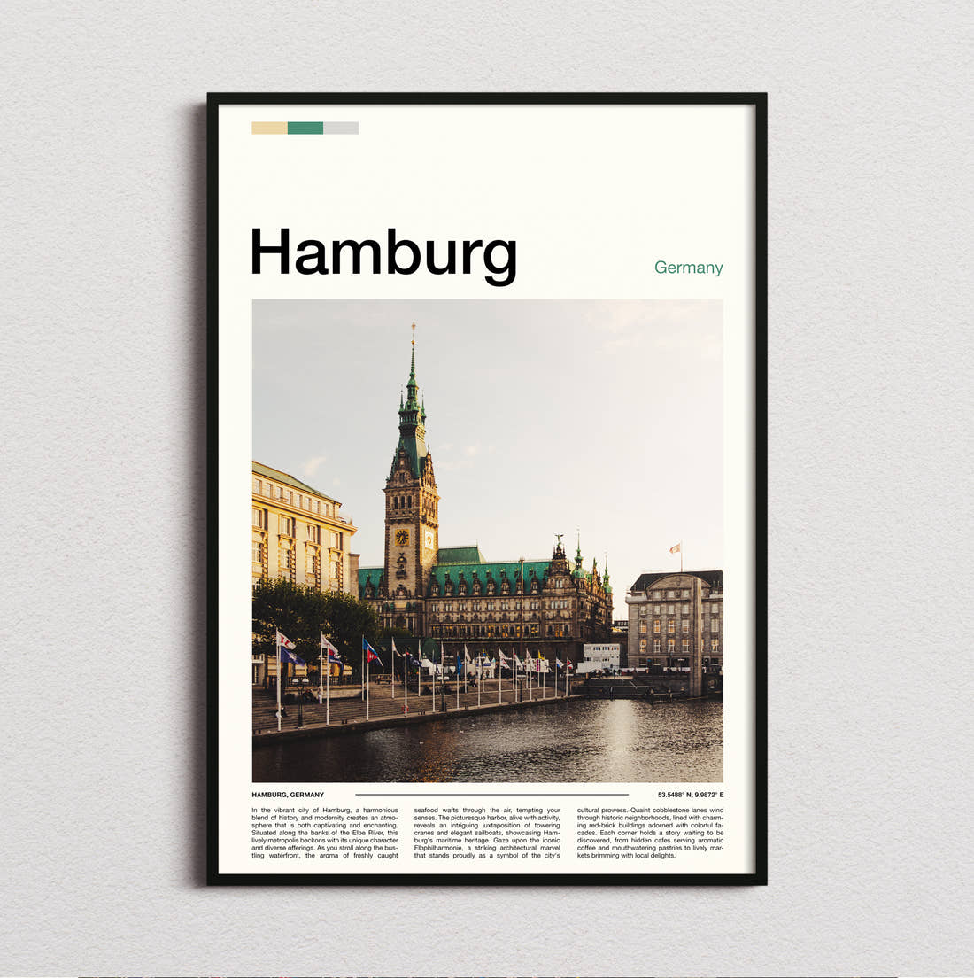 Hamburg Town Hall Travel Print framed and photographed straight on