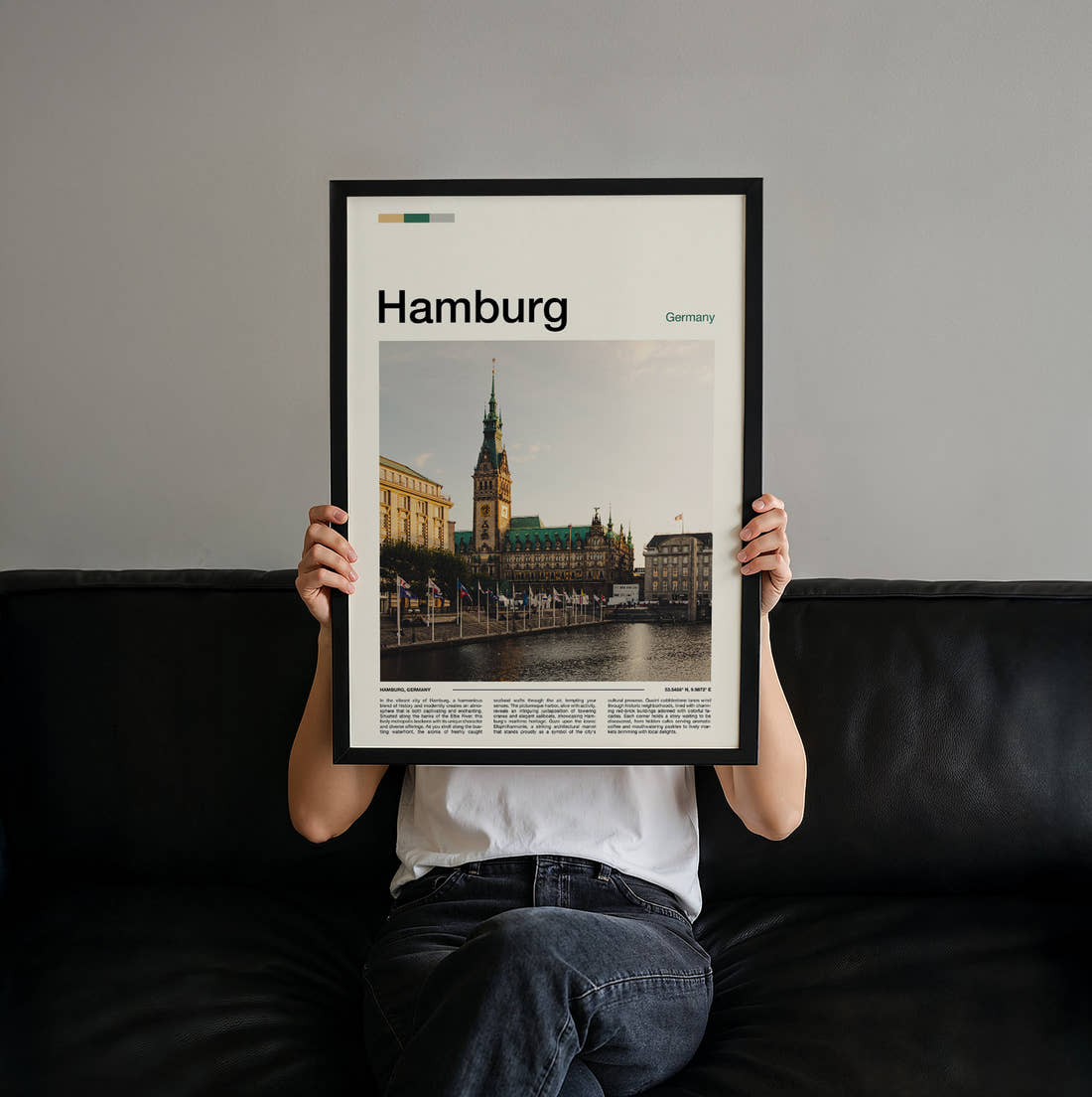 Hamburg Town Hall Travel Print held up by hand to show the size of the print