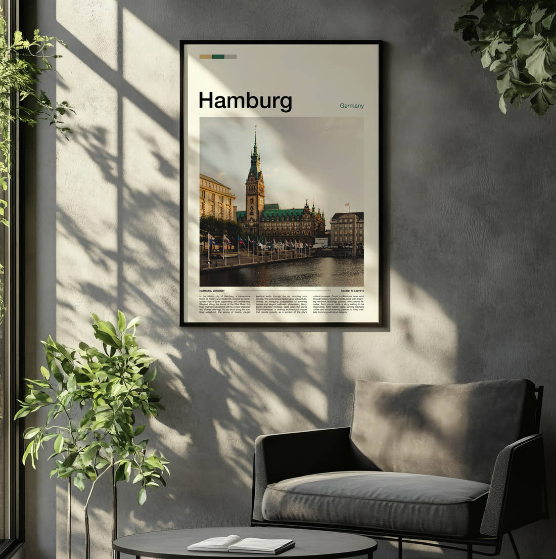 Hamburg Town Hall Travel Print framed on the wall of a relaxed living room