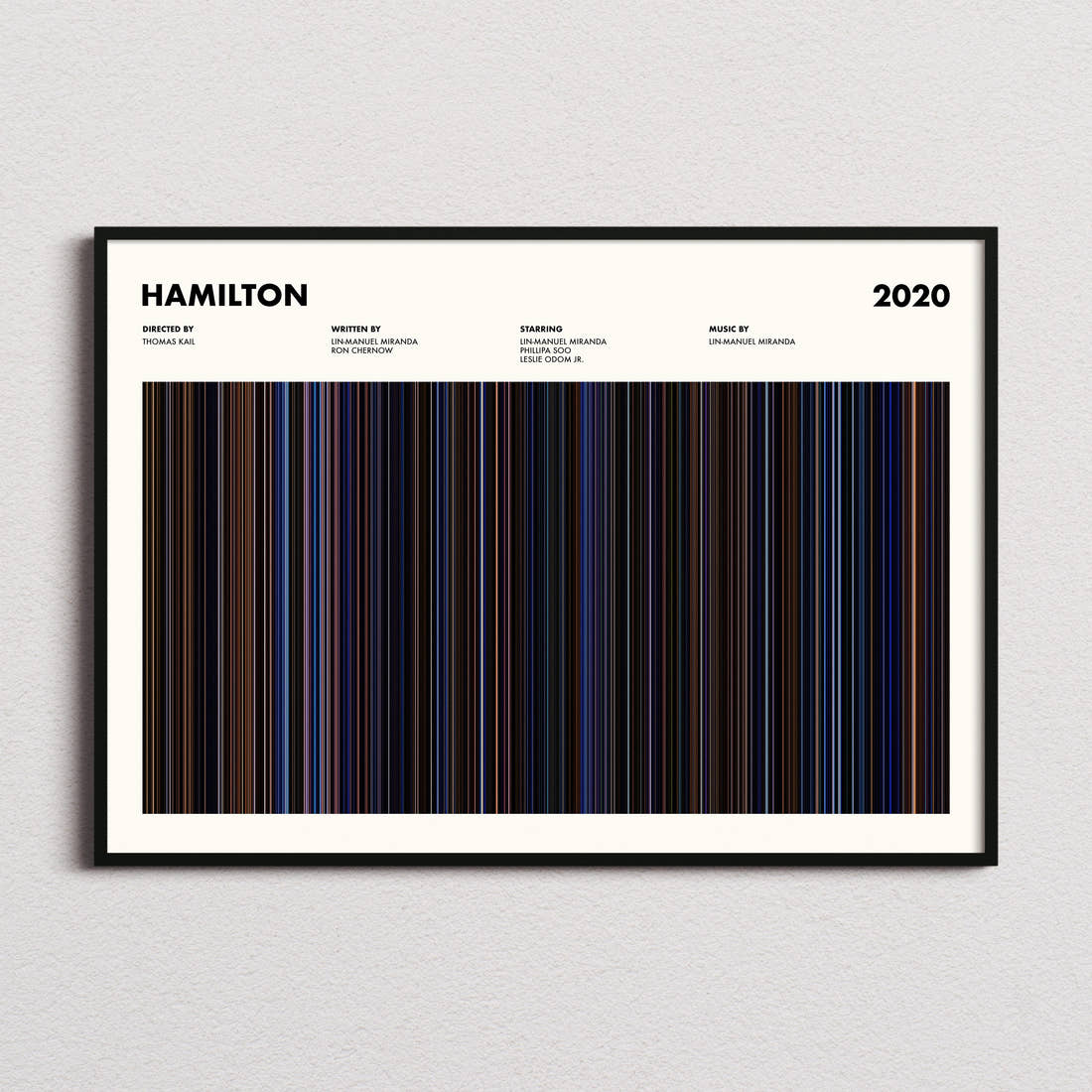 Hamilton Movie Barcode Poster framed and photographed straight on
