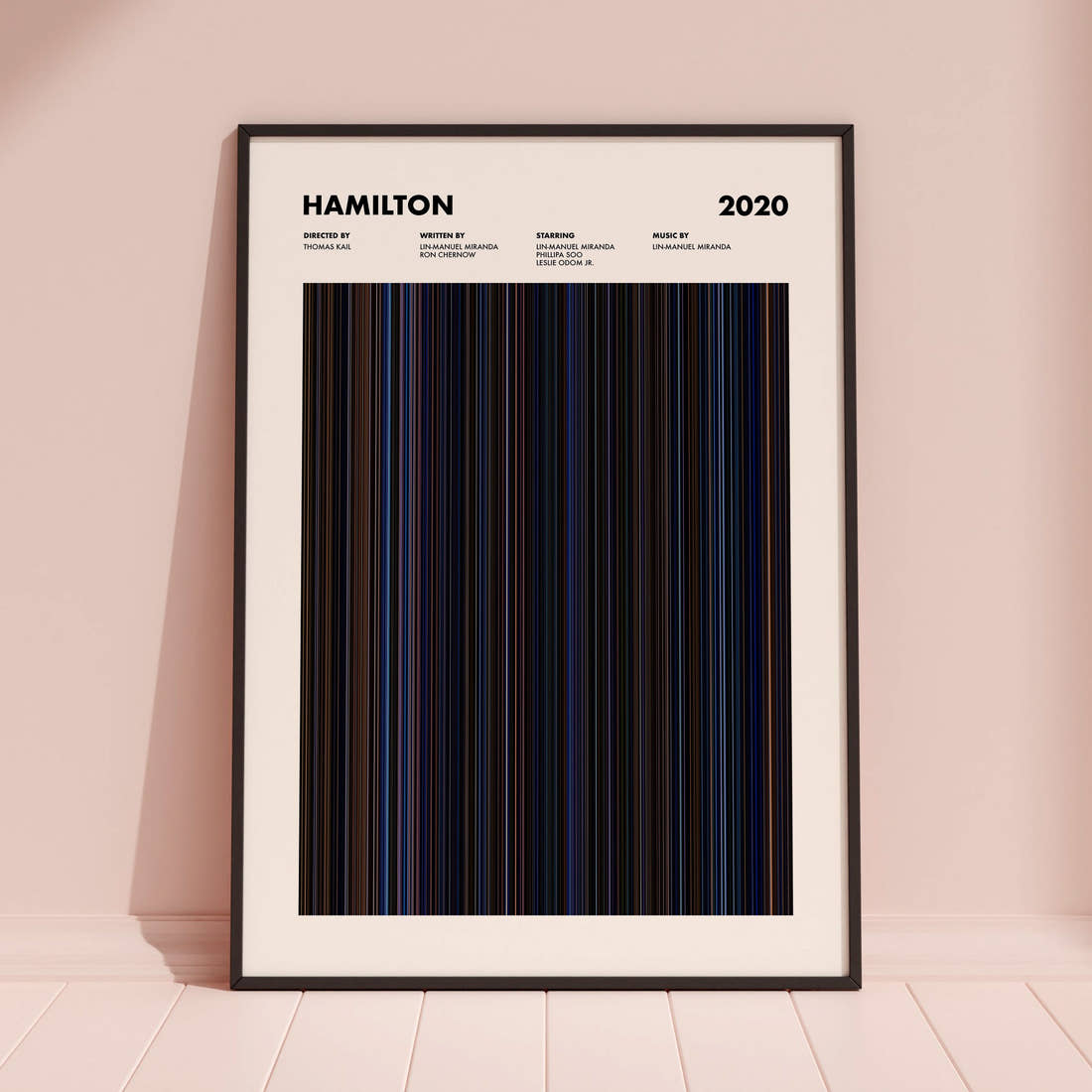 Hamilton Movie Barcode Poster framed and leaning against a coloured wall