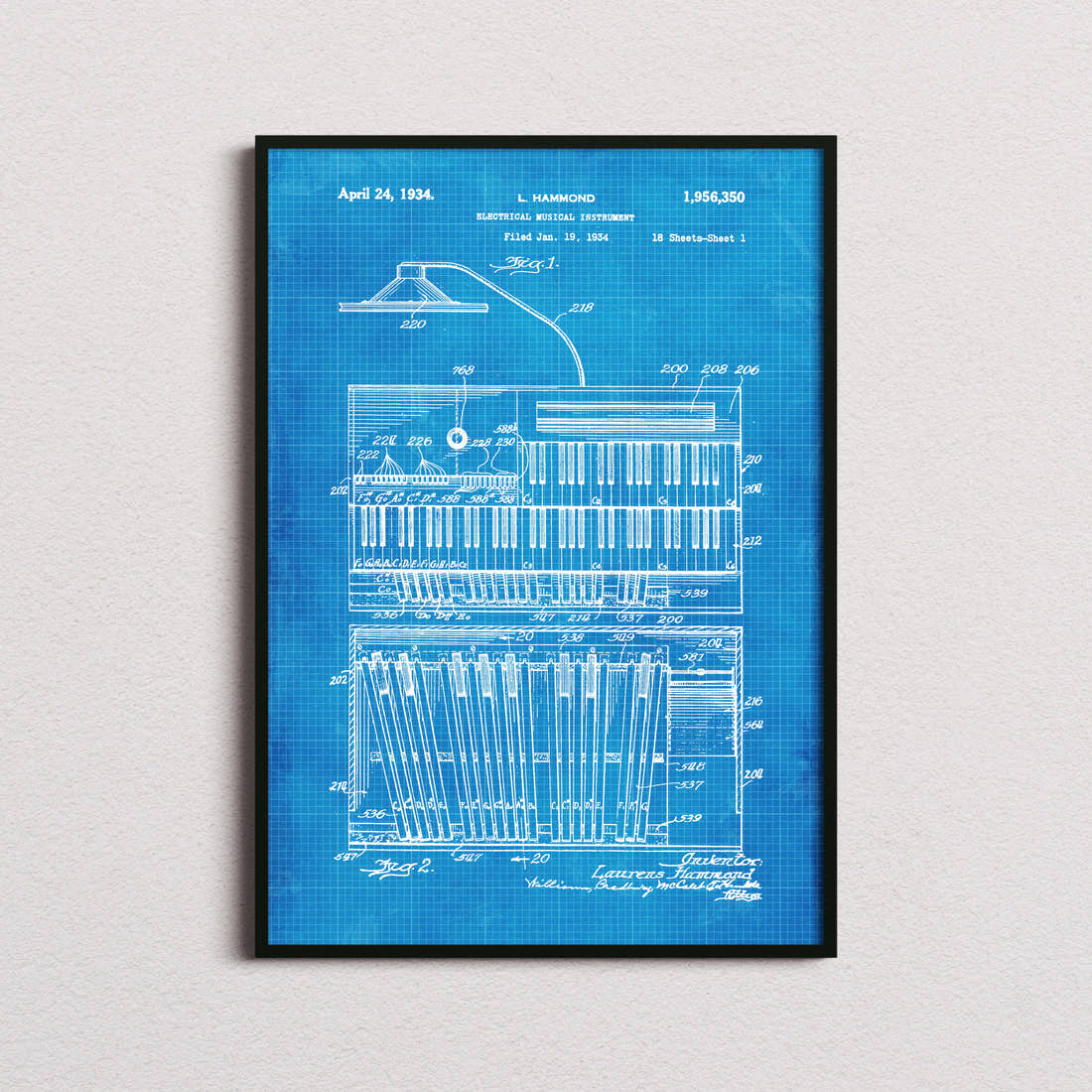Hammond B3 Organ Patent Print in the blueprint colourway, framed