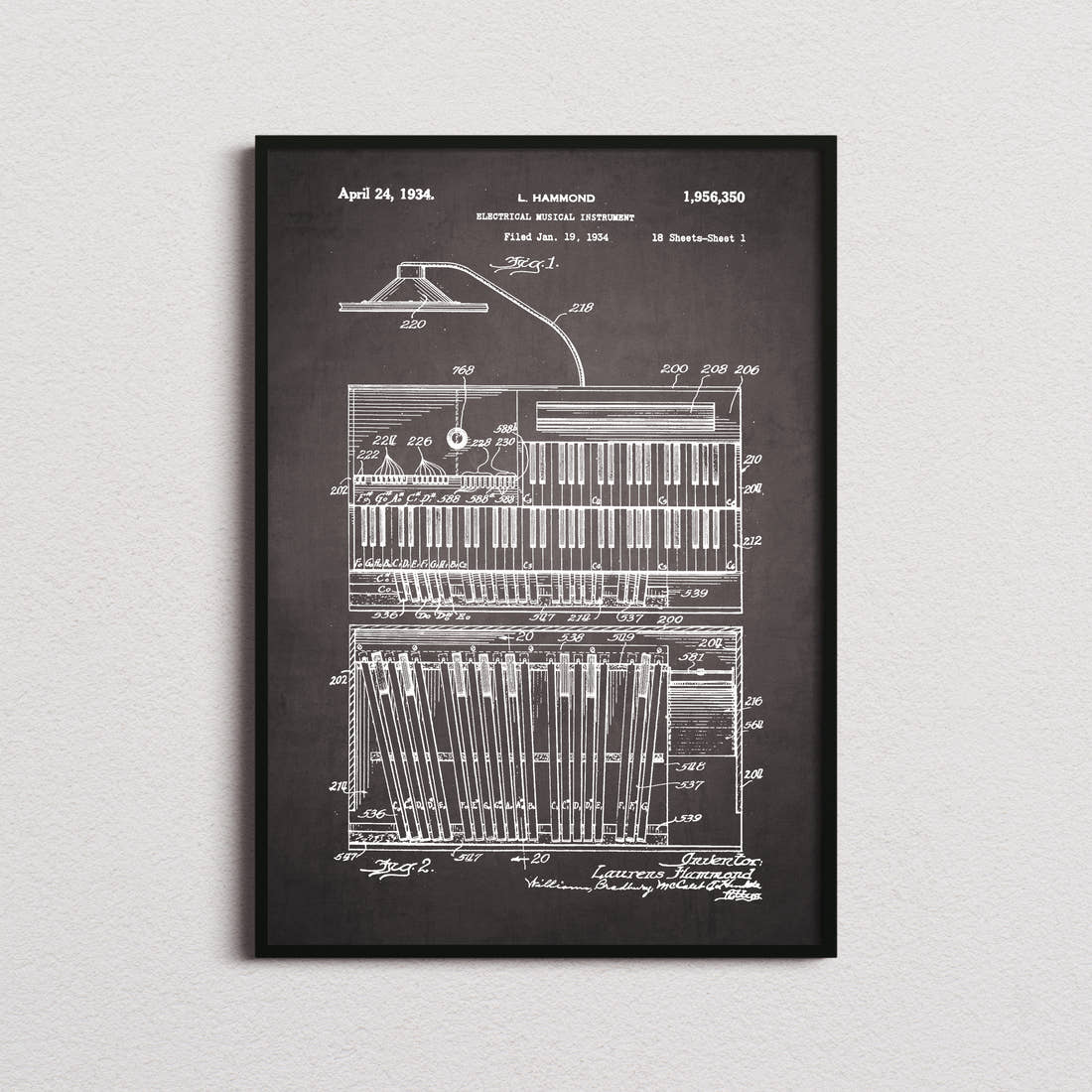 Hammond B3 Organ Patent Print in the blackboard colourway, framed