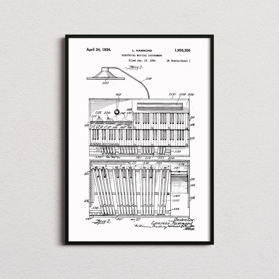 Hammond B3 Organ Patent Print in the white colourway, framed