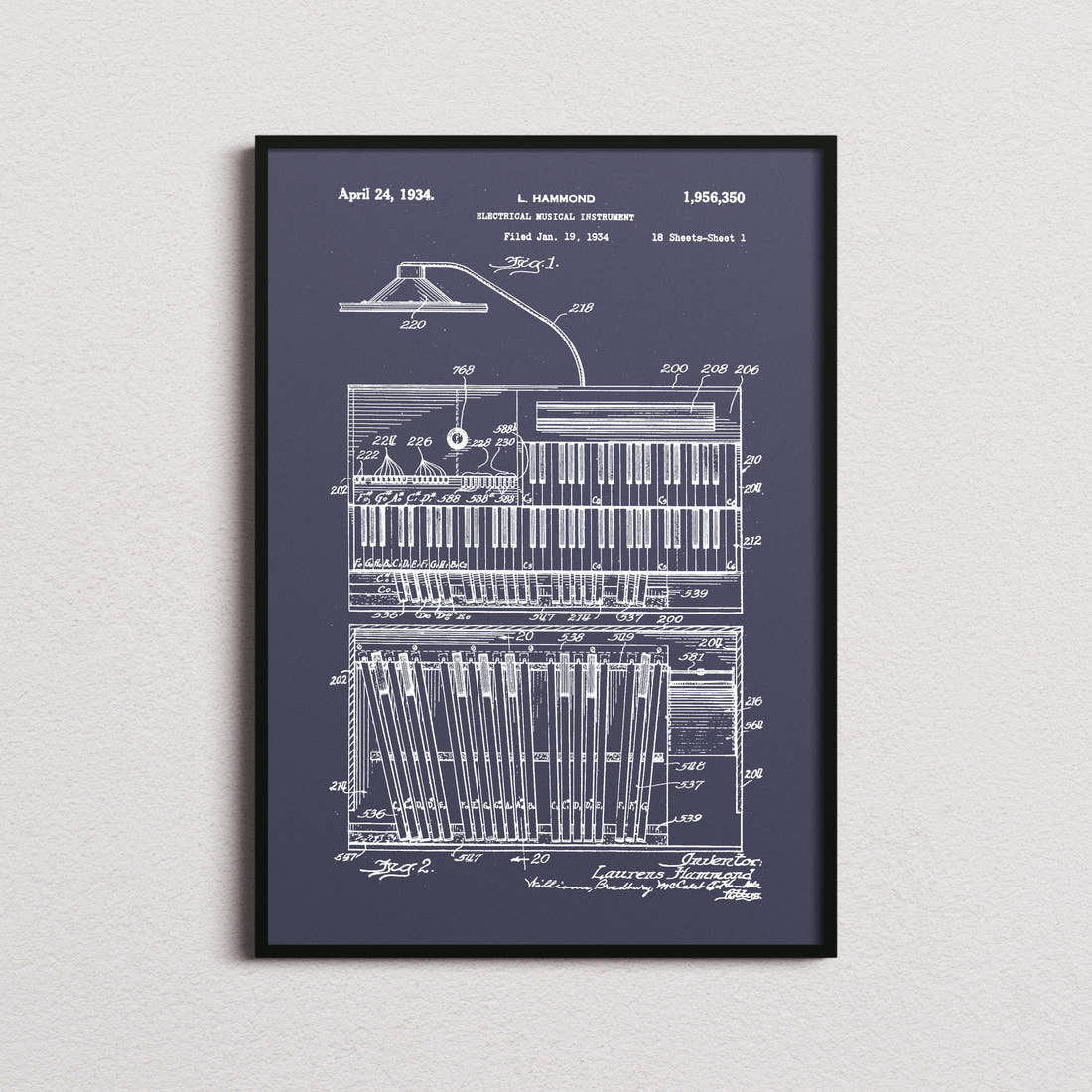 Hammond B3 Organ Patent Print in the navy colourway, framed