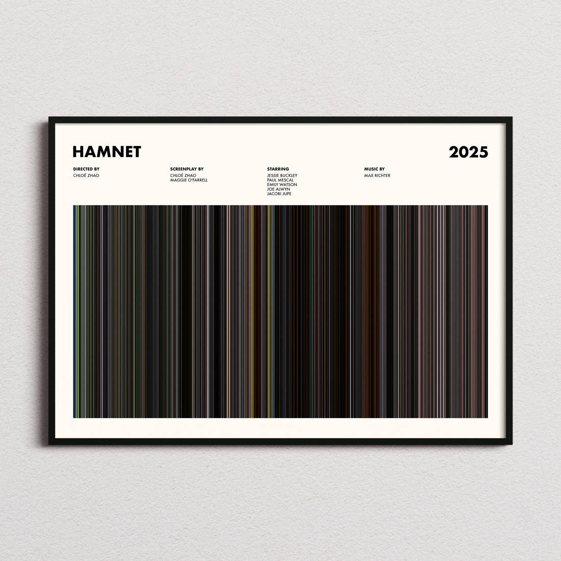 Hamnet Movie Barcode Poster framed and photographed straight on