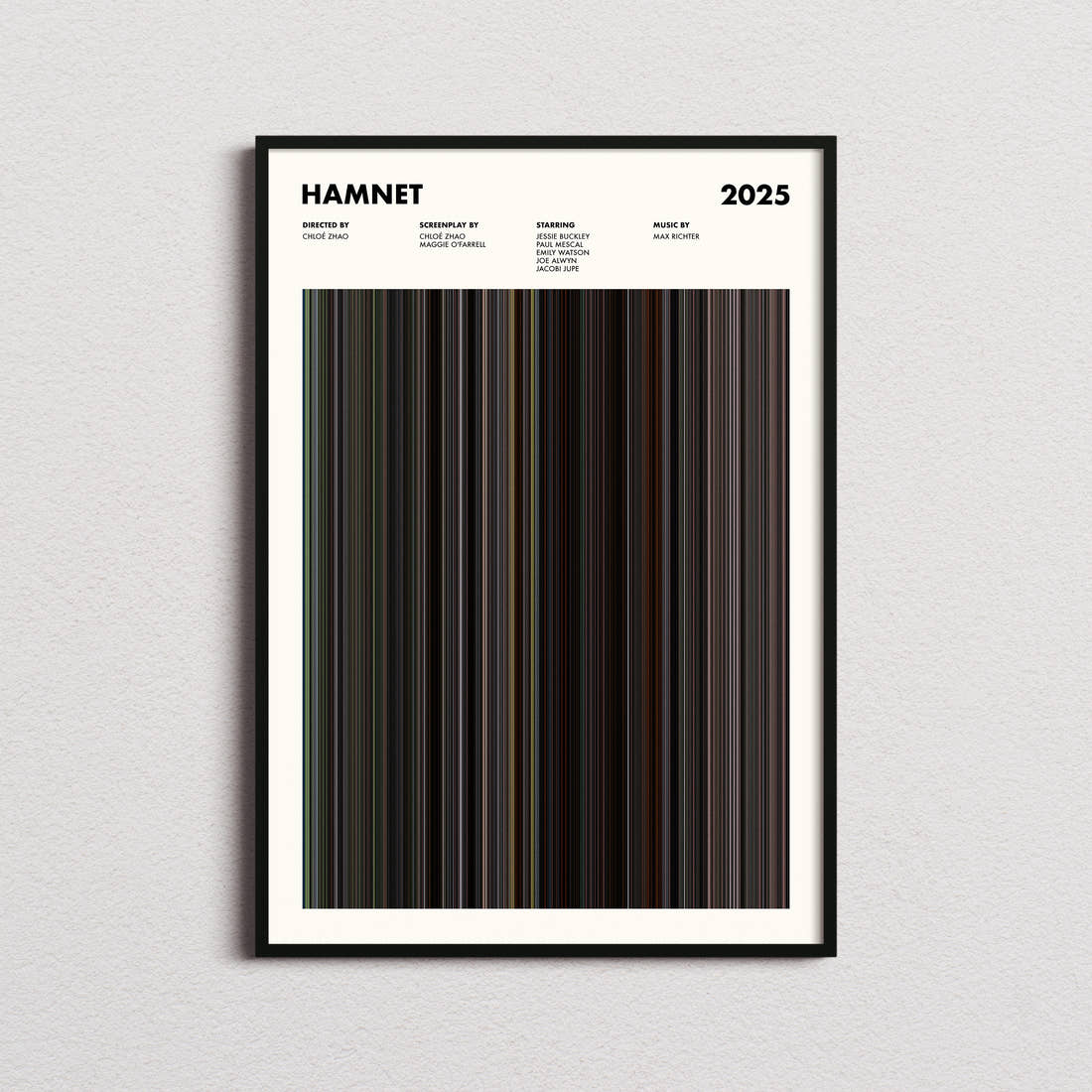 Hamnet Movie Barcode Poster framed on a plain studio wall