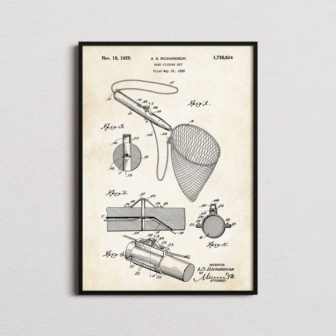 Hand Fishing Net Patent Print in the aged paper colourway, framed