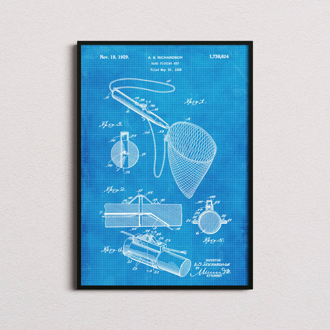 Hand Fishing Net Patent Print in the blueprint colourway, framed
