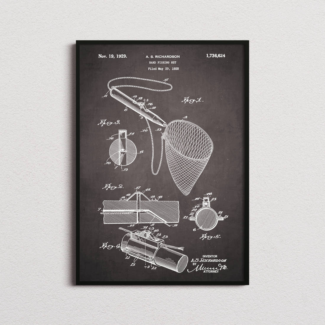 Hand Fishing Net Patent Print in the blackboard colourway, framed