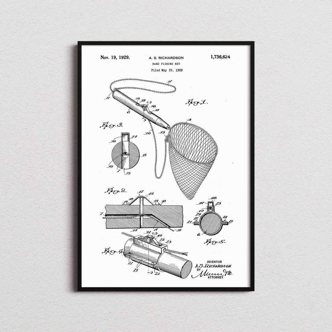 Hand Fishing Net Patent Print in the white colourway, framed