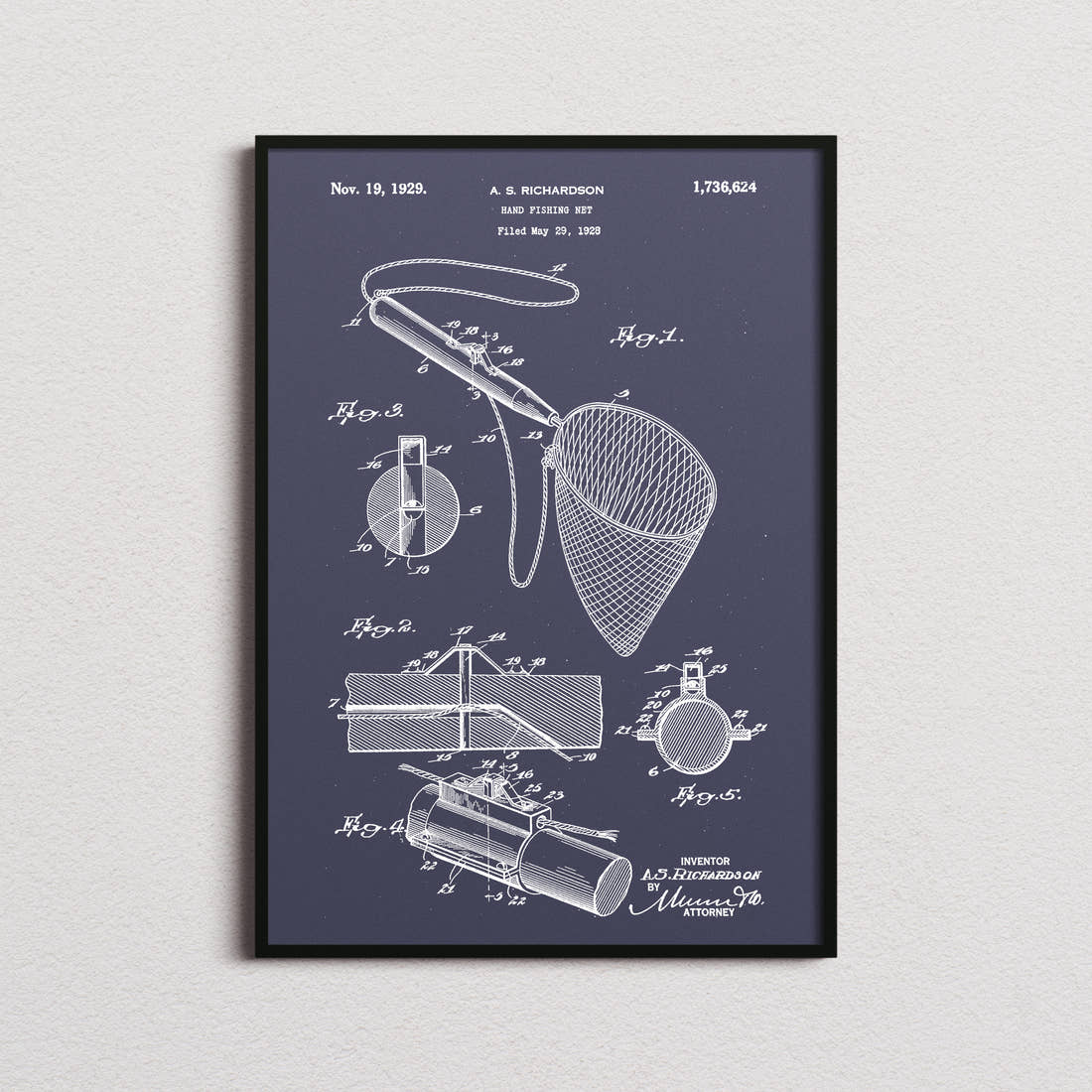 Hand Fishing Net Patent Print in the navy colourway, framed