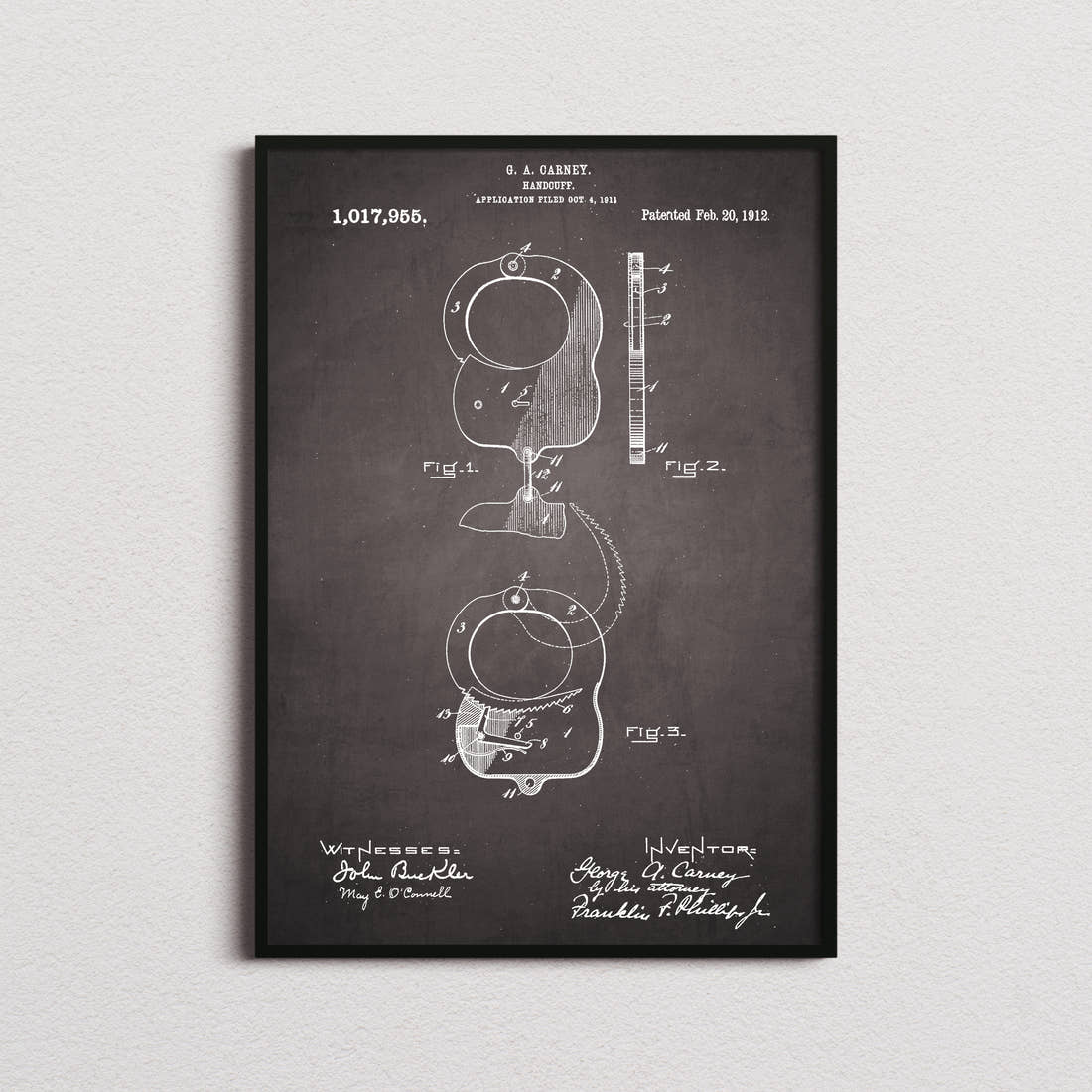 Handcuffs Patent Print in the blackboard colourway, framed