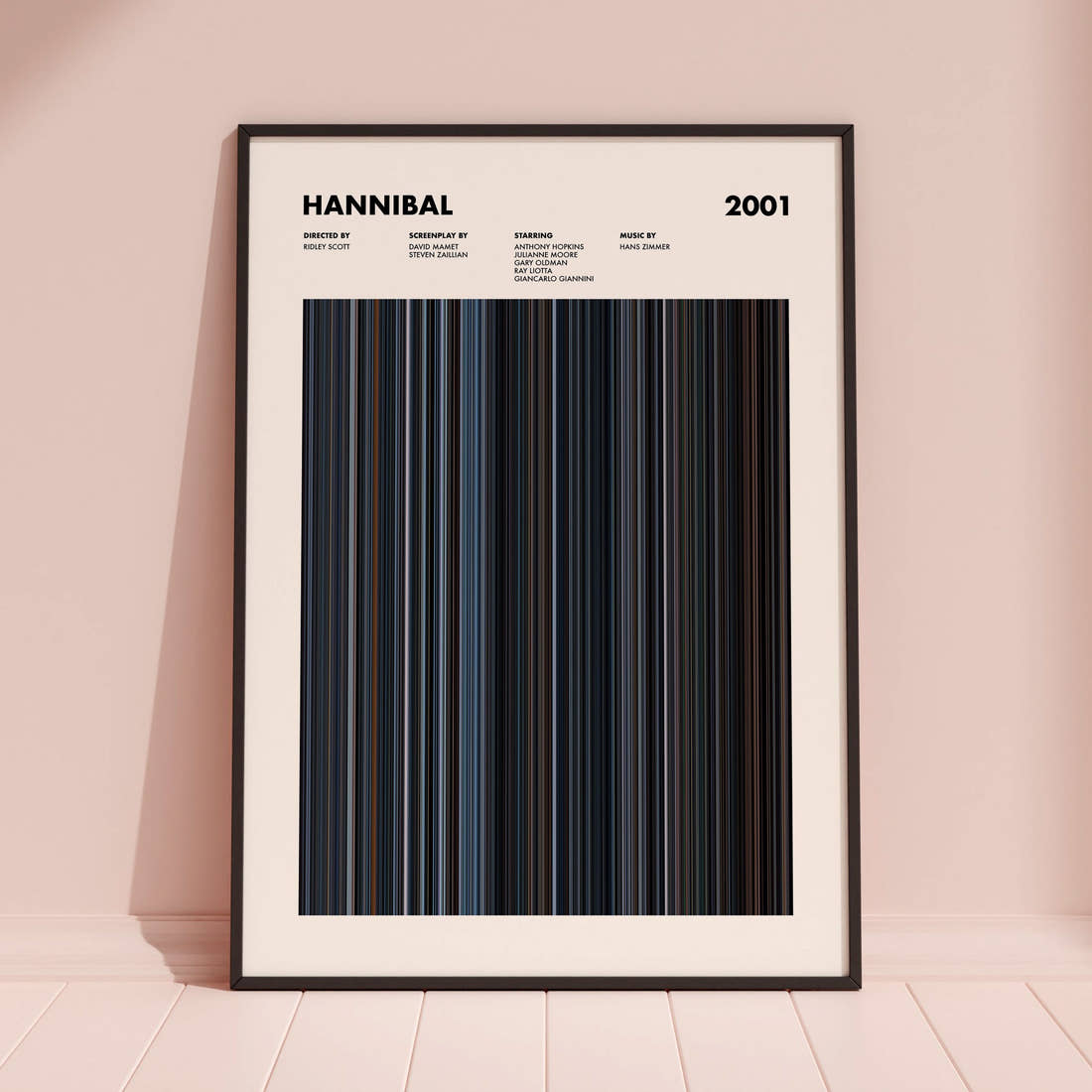 Hannibal Movie Barcode Poster framed and leaning against a coloured wall