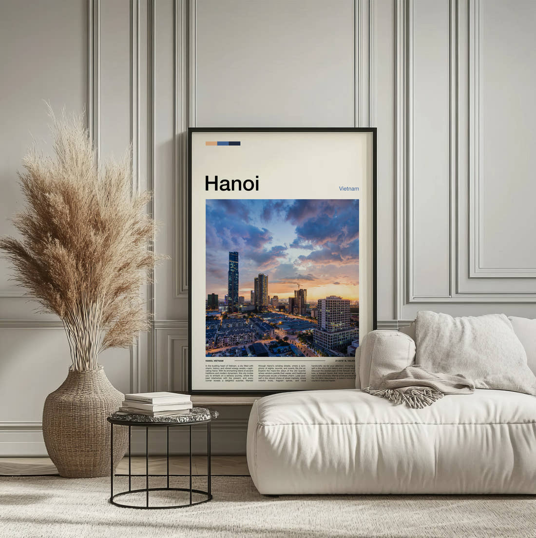 Hanoi Skyline At Dusk Travel Print framed on the wall of a calm, neutral bedroom