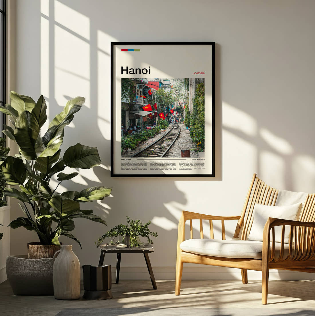 Hanoi Train Street Travel Print framed on a pale wall beside houseplants