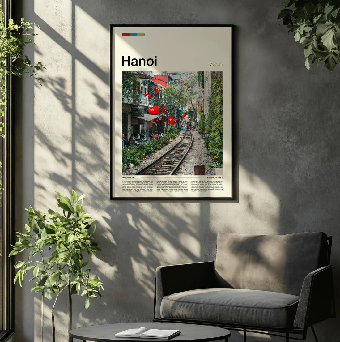 Hanoi Train Street Travel Print framed on the wall of a relaxed living room
