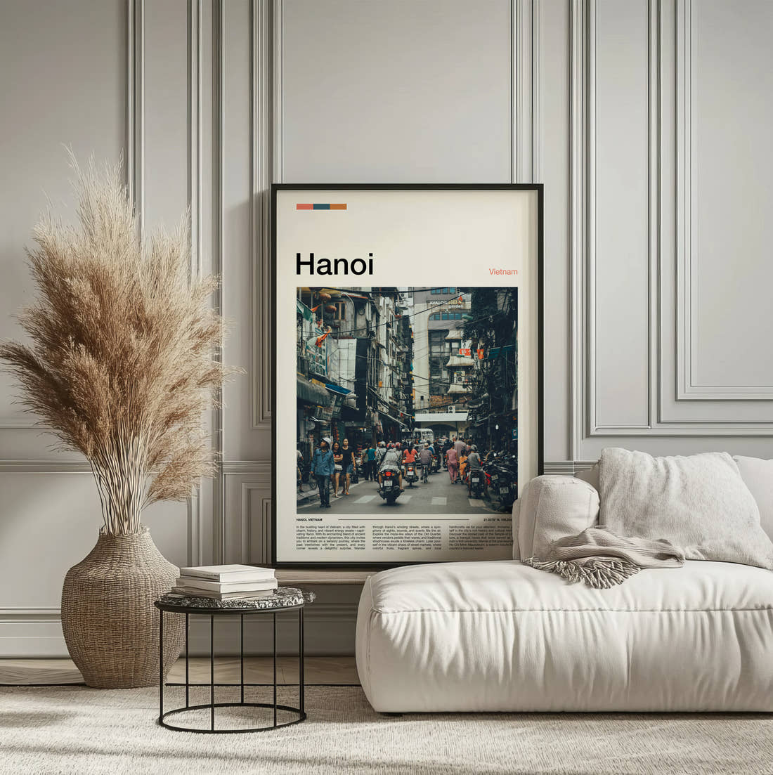 Hanoi Busy Street Traffic Travel Print framed on the wall of a calm, neutral bedroom