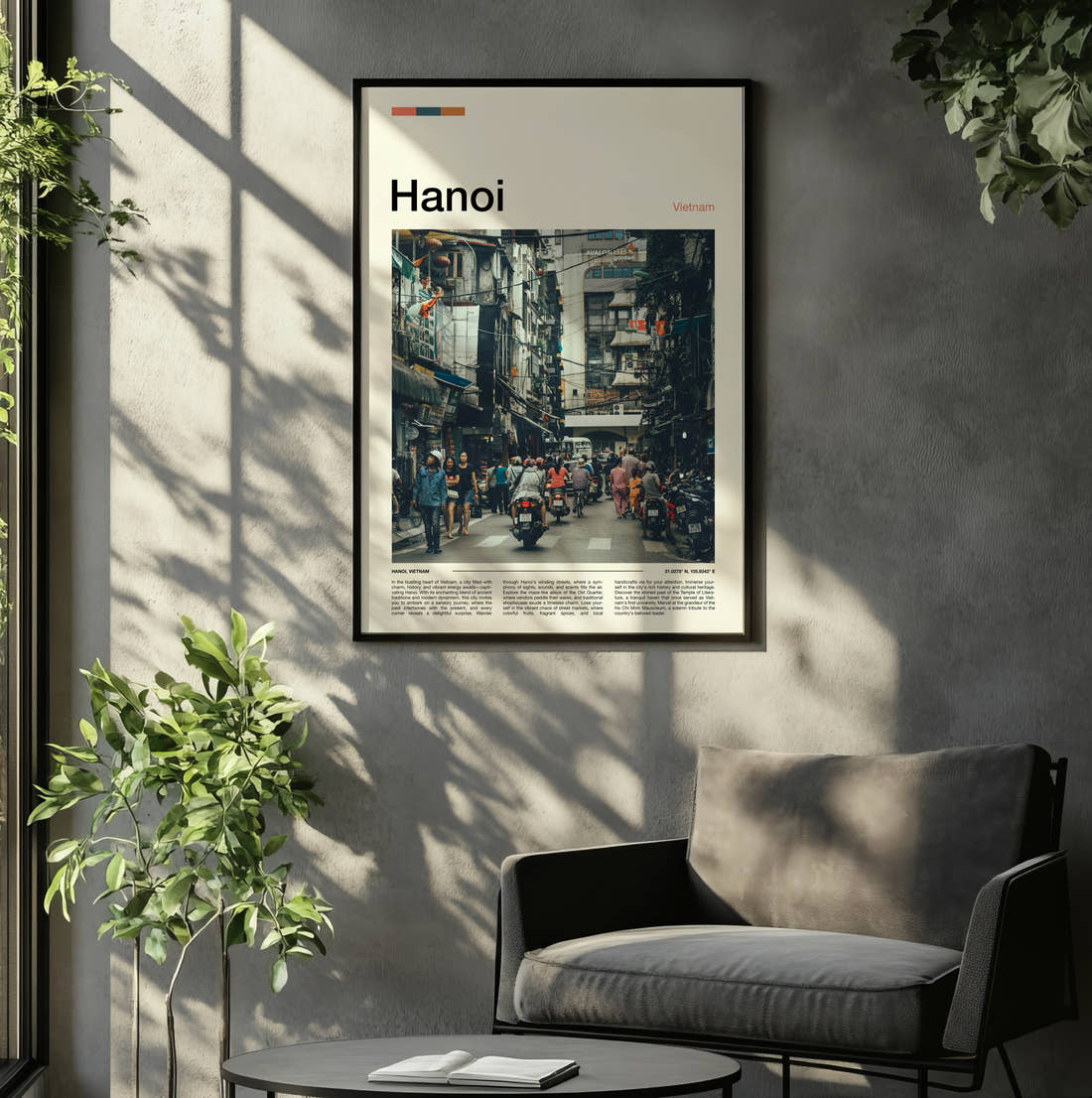 Hanoi Busy Street Traffic Travel Print framed on the wall of a relaxed living room