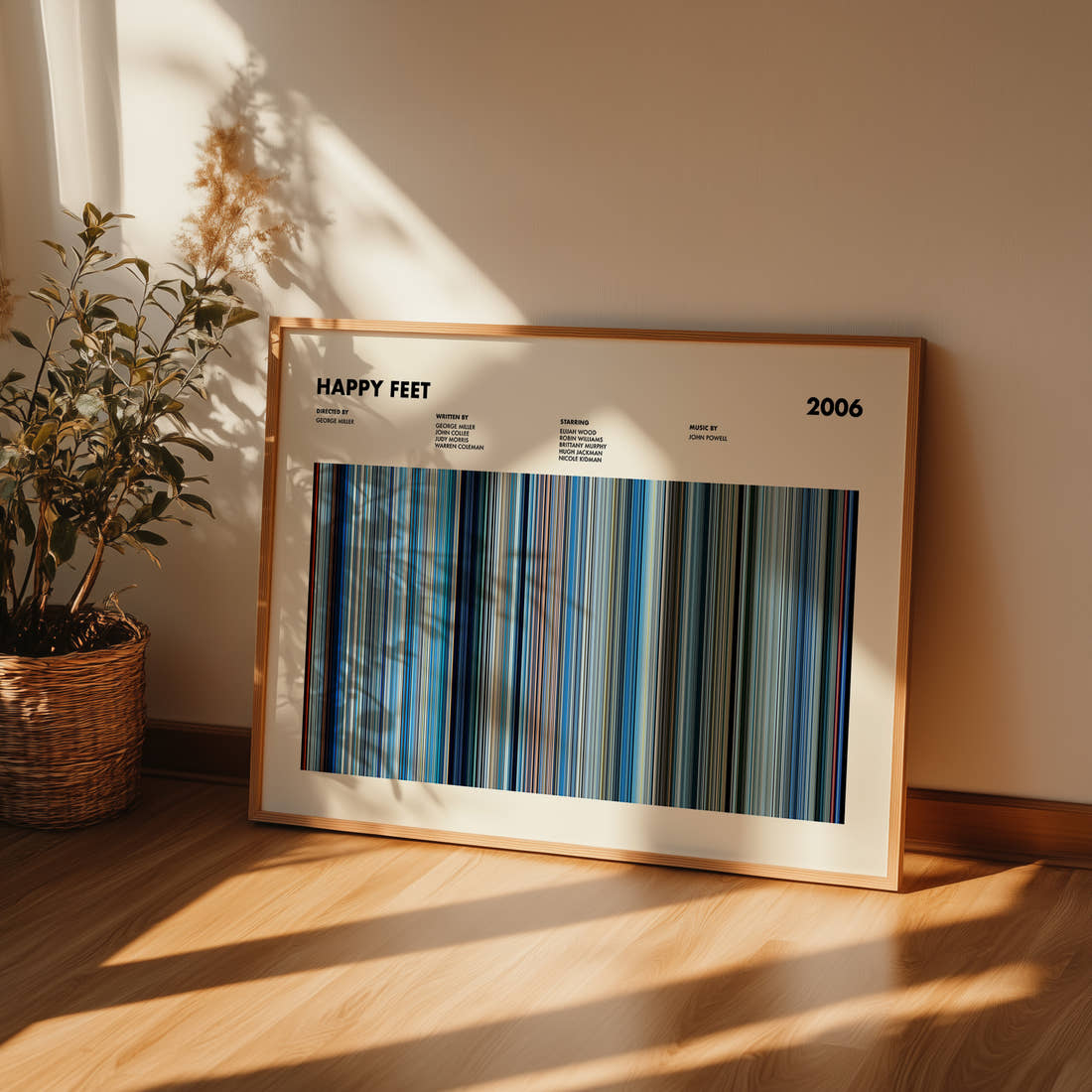 Happy Feet Movie Barcode Poster framed and leaning against a wall on a wooden floor