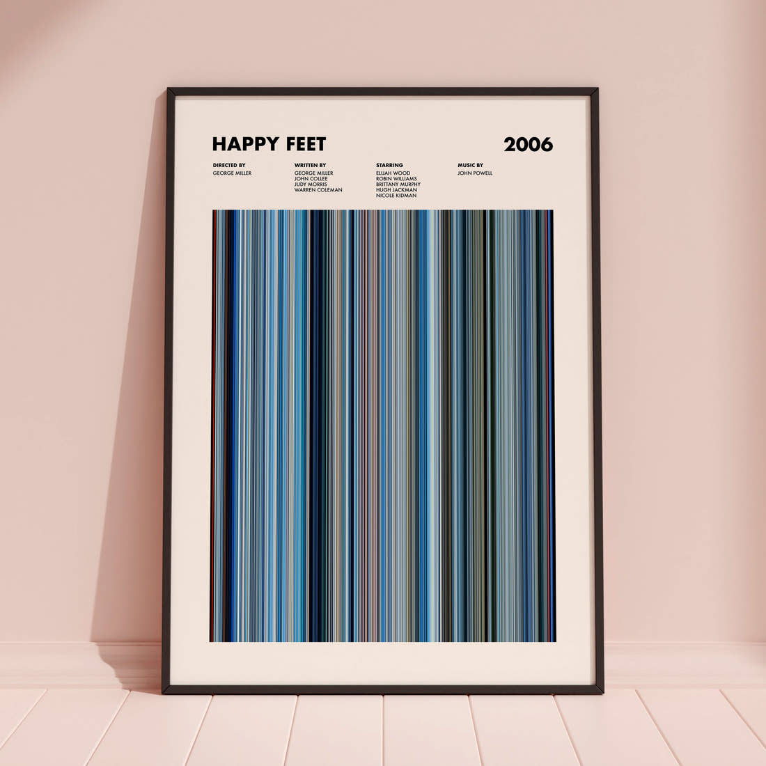 Happy Feet Movie Barcode Poster framed and leaning against a coloured wall
