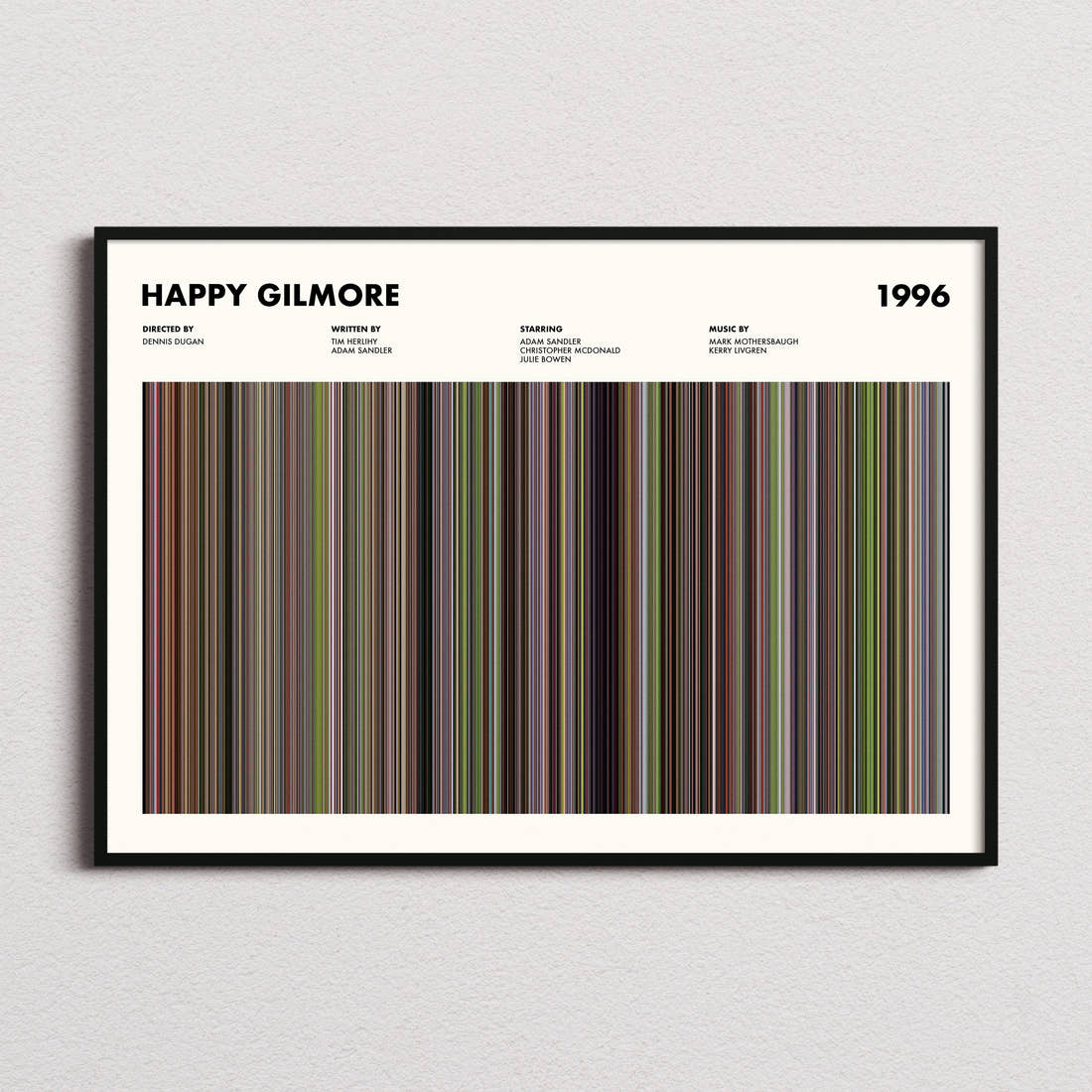 Happy Gilmore Movie Barcode Poster framed and photographed straight on