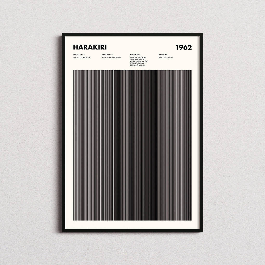 Harakiri Movie Barcode Poster framed on a plain studio wall