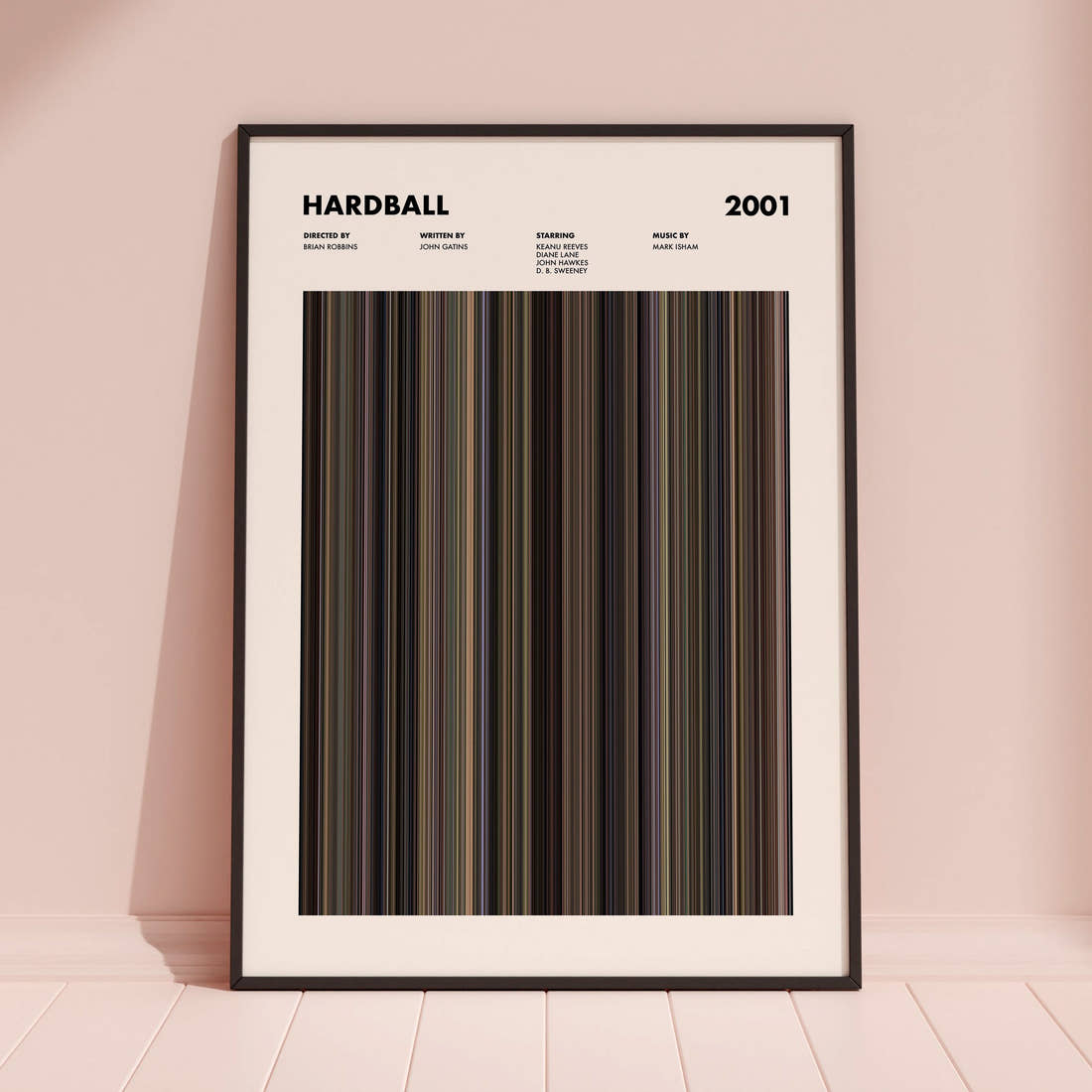Hardball Movie Barcode Poster framed and leaning against a coloured wall