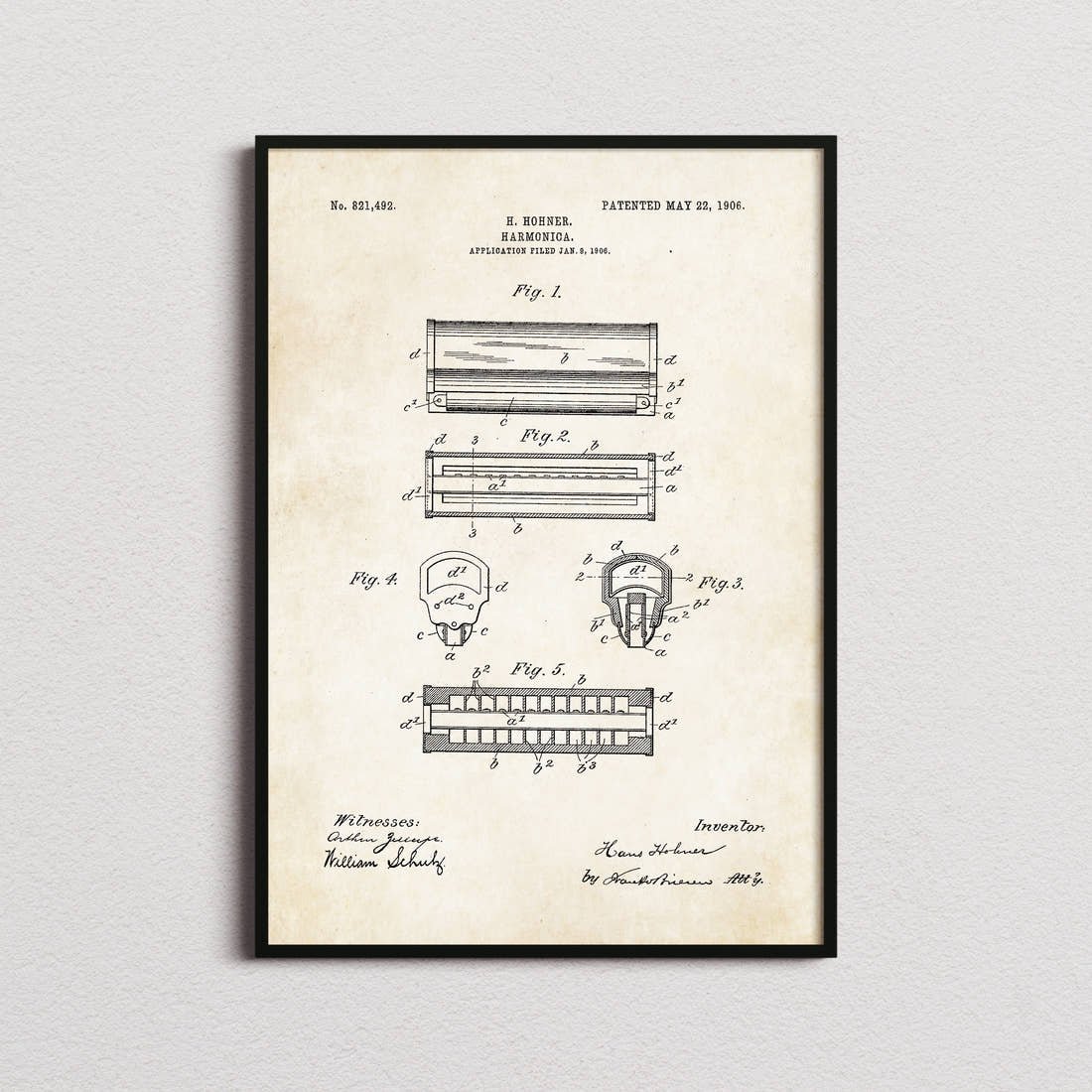 Harmonica Patent Print in the aged paper colourway, framed