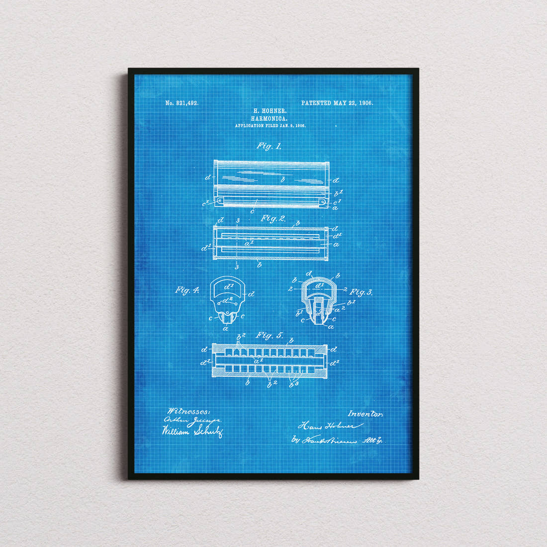 Harmonica Patent Print in the blueprint colourway, framed