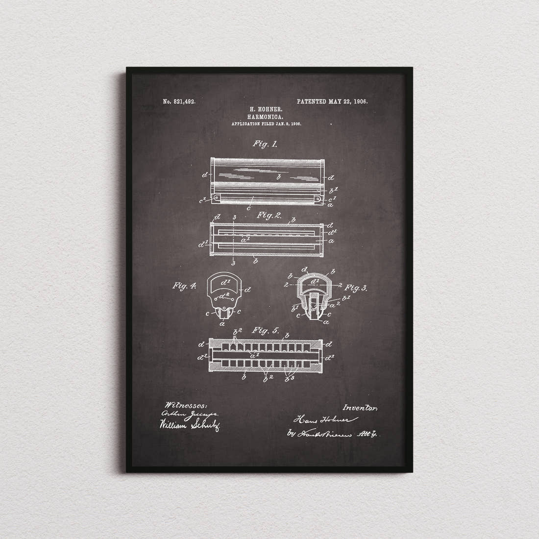 Harmonica Patent Print in the blackboard colourway, framed