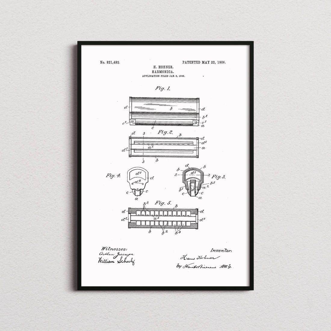 Harmonica Patent Print in the white colourway, framed