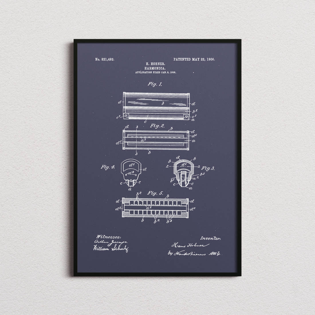 Harmonica Patent Print in the navy colourway, framed