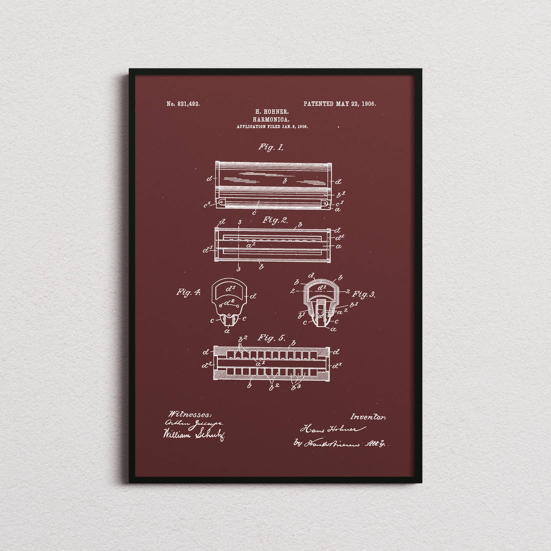 Harmonica Patent Print in the burgundy colourway, framed