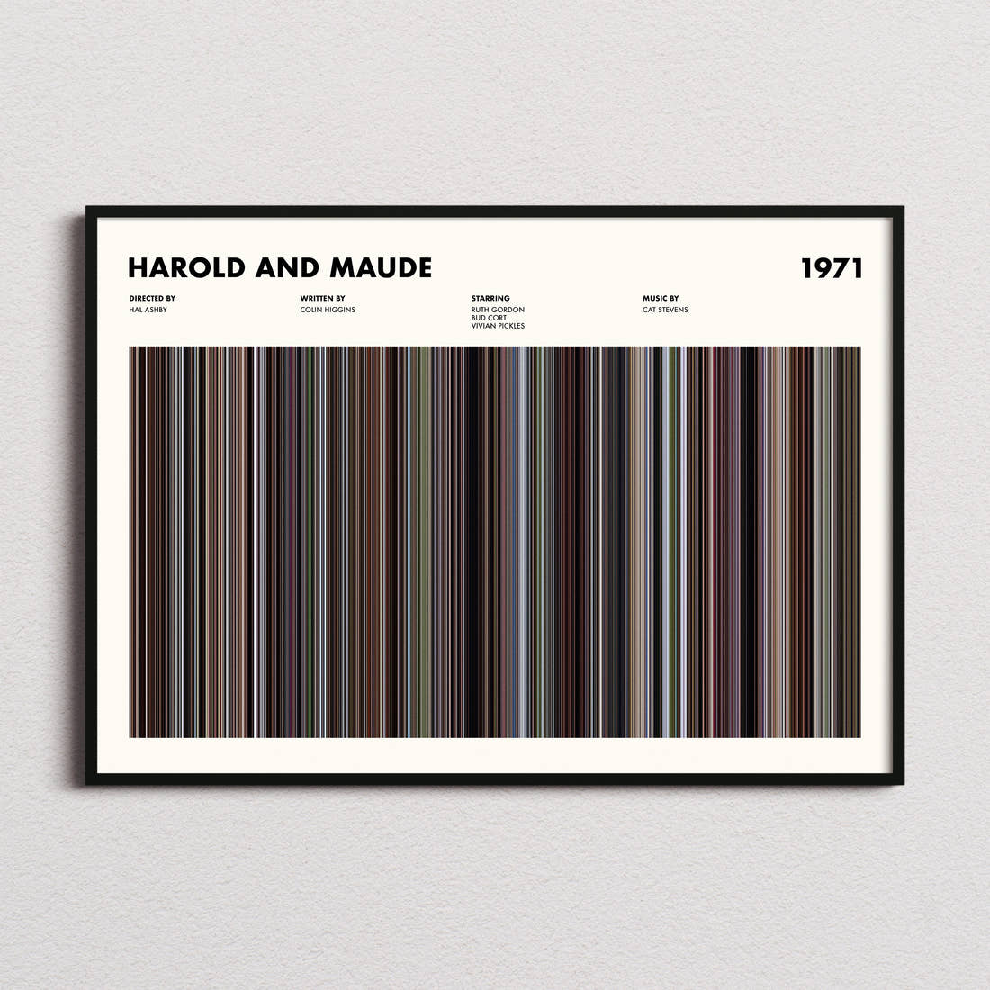 Harold and Maude Movie Barcode Poster framed and photographed straight on