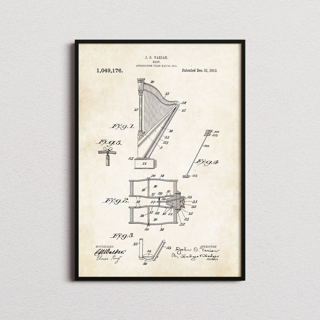 Harp Patent Print in the aged paper colourway, framed