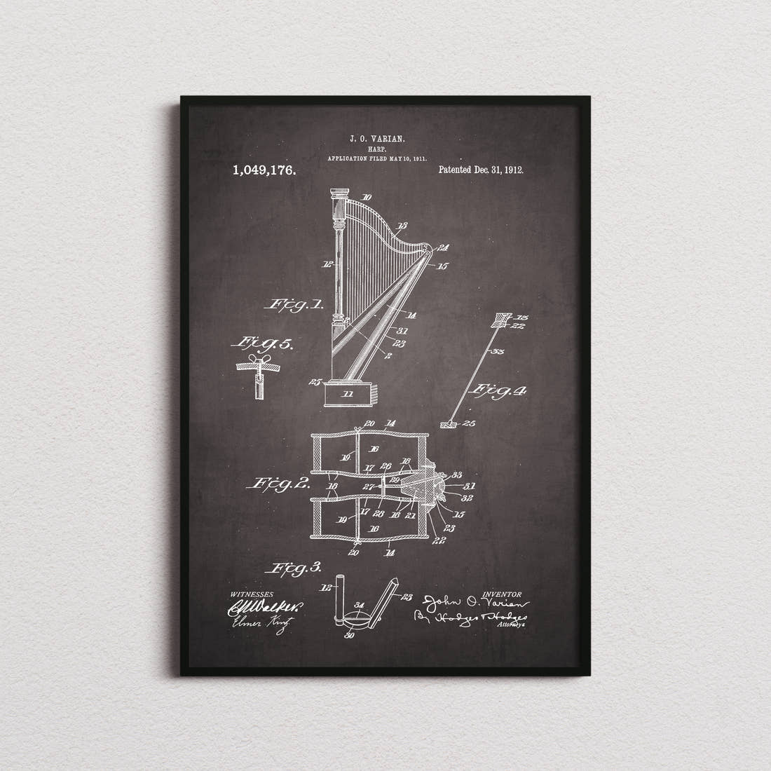 Harp Patent Print in the blackboard colourway, framed